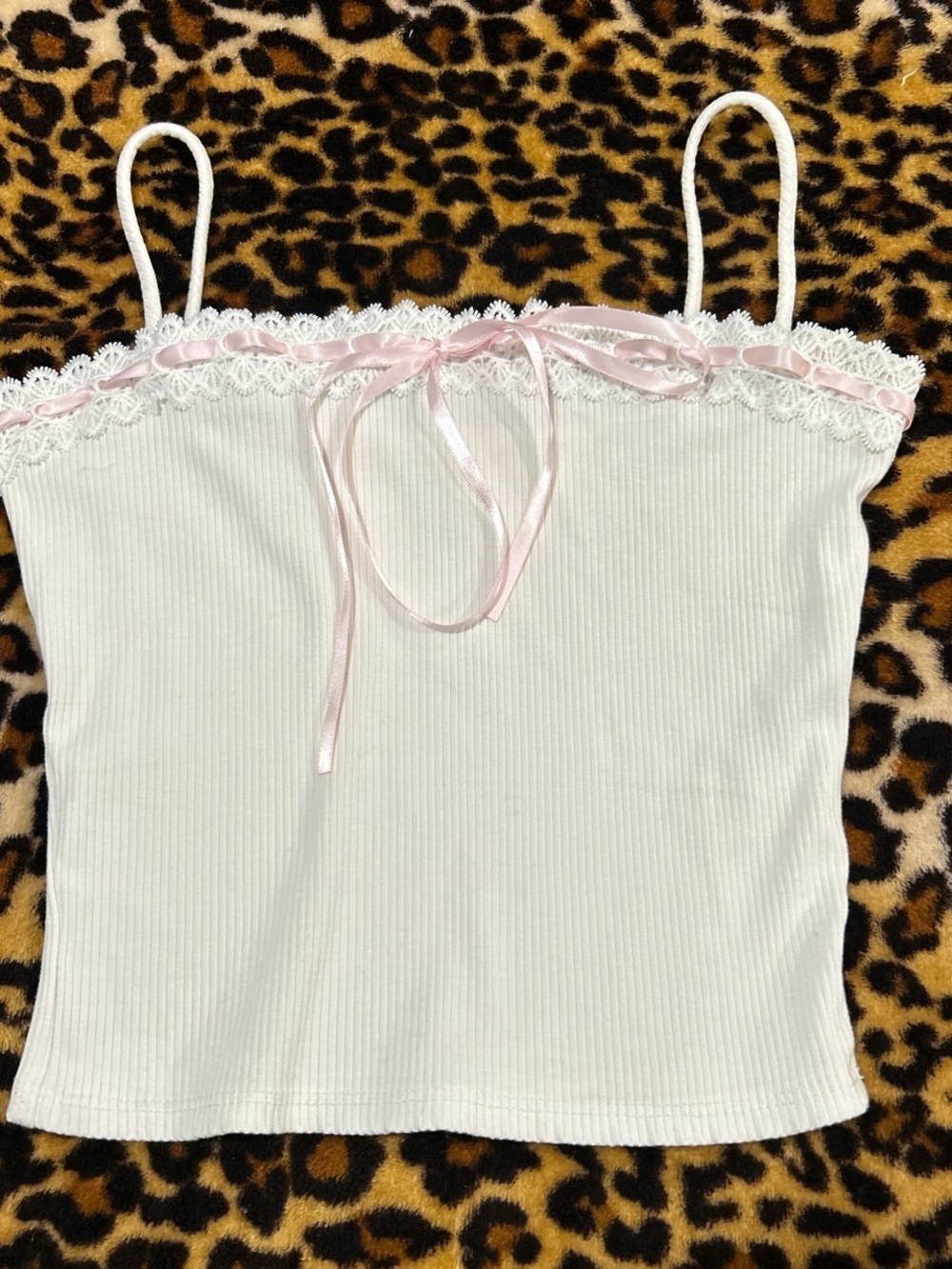 Chocolate White Ribbed Lace-Trim Cami with Pink Ribbon
